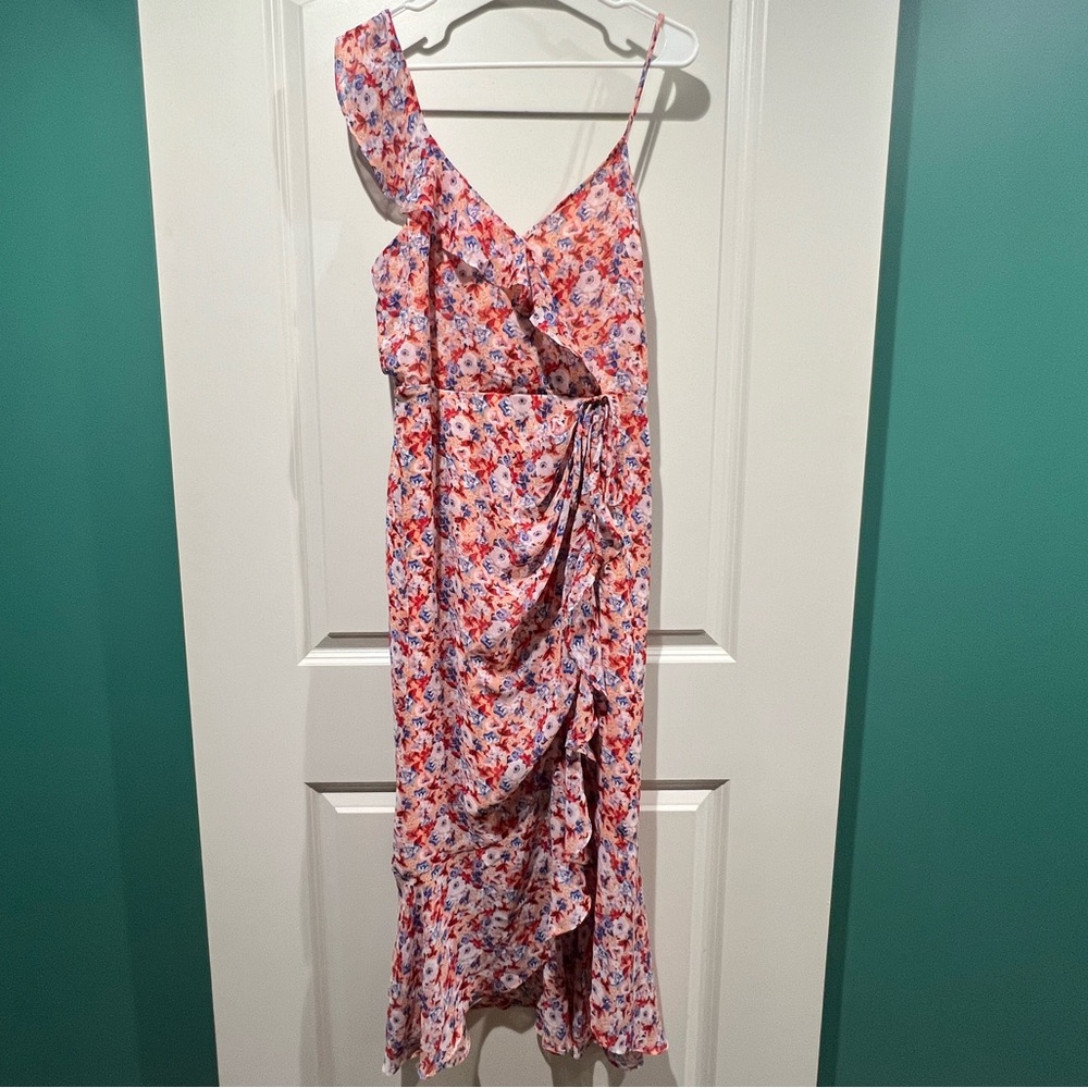 floral midi dress with one shoulder ruffle detail